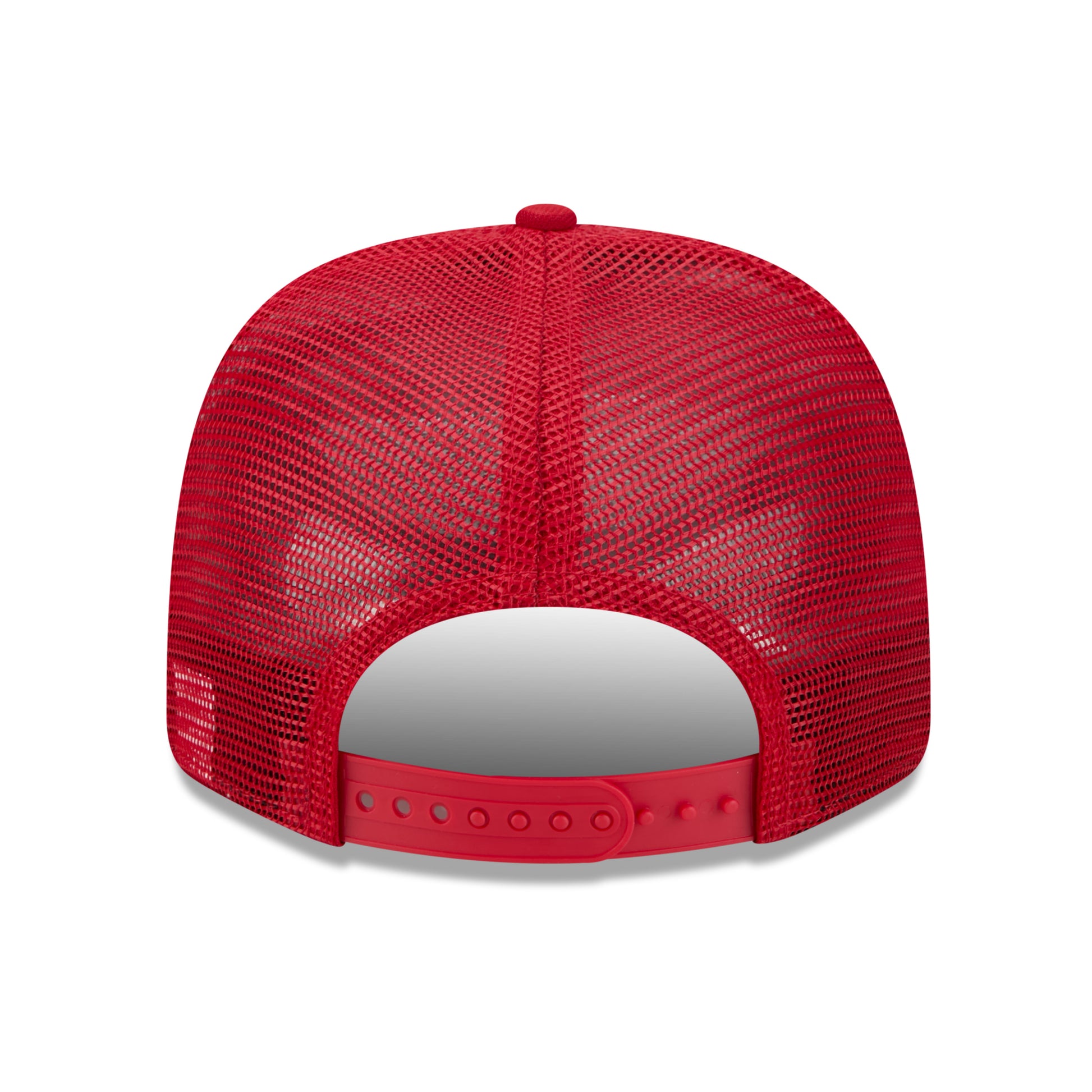 Back: Red meshback hat with red snapback straps