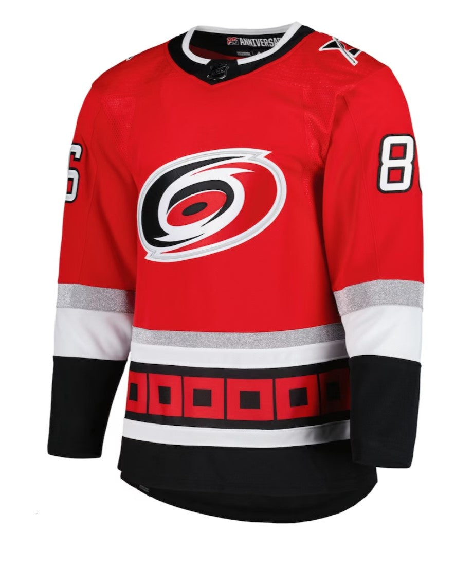 Front View: Hurricanes anniversary jersey with 86 on sleeves and primary logo.