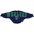 Navy oversized sweater, "WHALERS" in green/white across chest/arms, "Hockey" in white, Tail logo