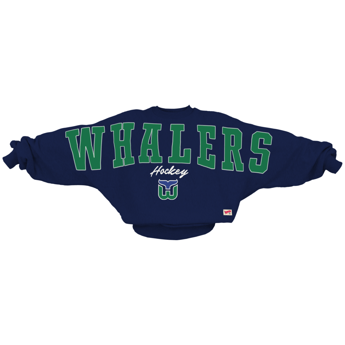 Navy oversized sweater, "WHALERS" in green/white across chest/arms, "Hockey" in white, Tail logo