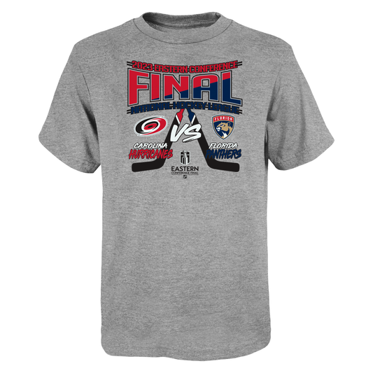 Gray tee with 2023 Eastern Conference Final graphic featuring Hurricanes Panthers logos and two hockey sticks