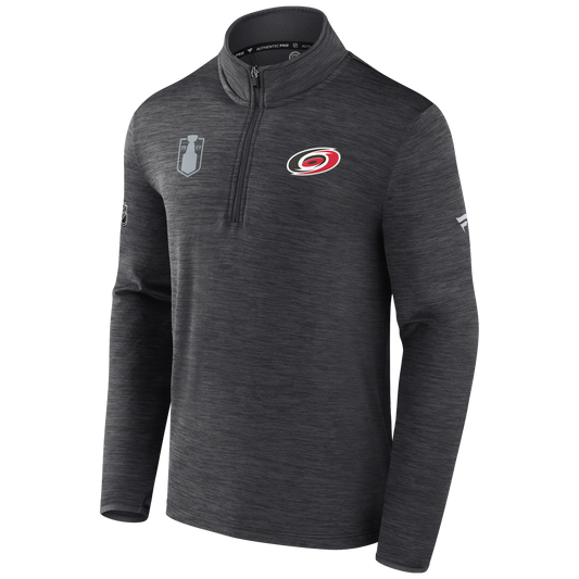 Front: Gray quarter zip with Hurricanes and Playoffs logos on front, NHL and Fanatics logo on sleeves