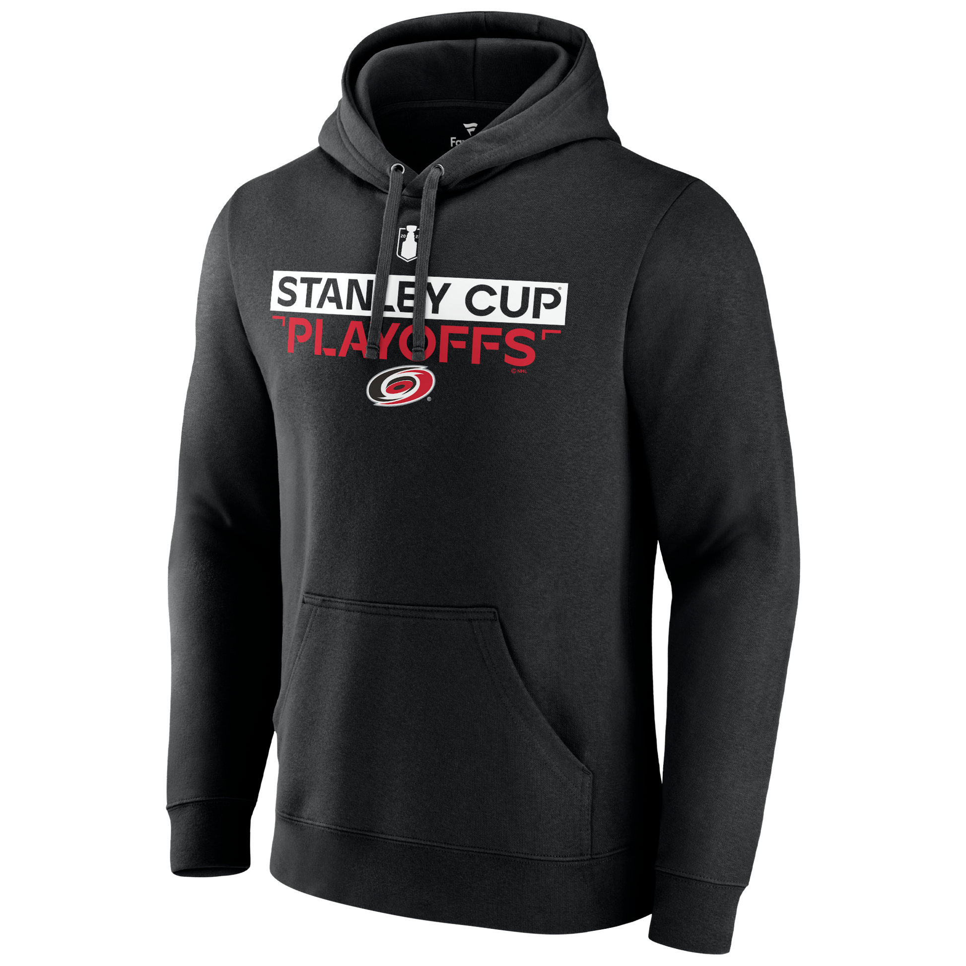 Black hoodie that says Stanley Cup Playoffs in Red white and black with Hurricanes logo 
