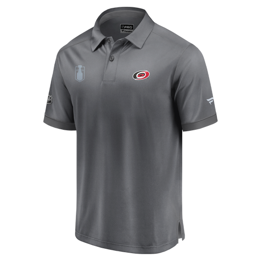 Front: Gray polo with Hurricanes and Playoffs logos on front, NHL and Fanatics logos on sleeves