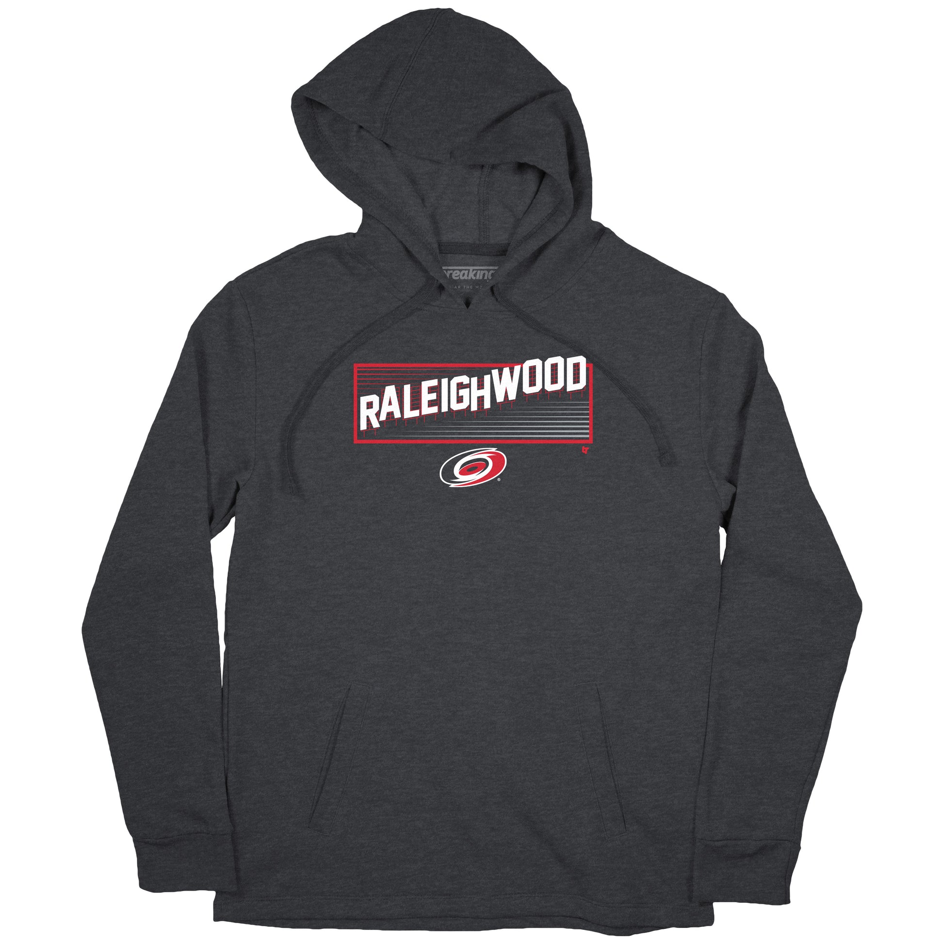Hoodie with "Raleighwood" written in "Hollywood" sign style and Hurricanes primary logo