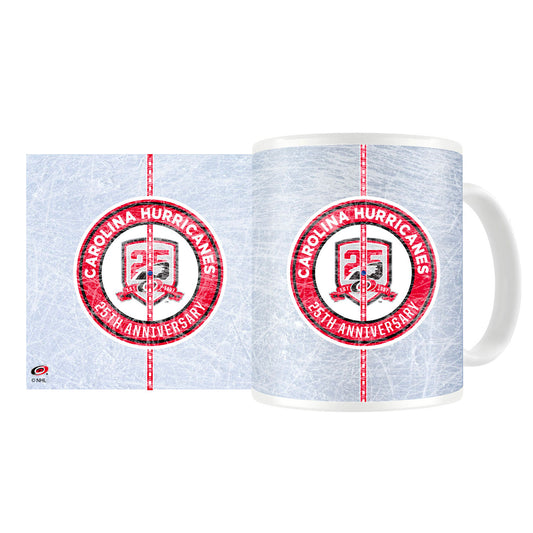 Coffee mug with an ice surface background and the Carolina Hurricanes 25 Anniversary special center ice logo and center ice line, with a white handle. 