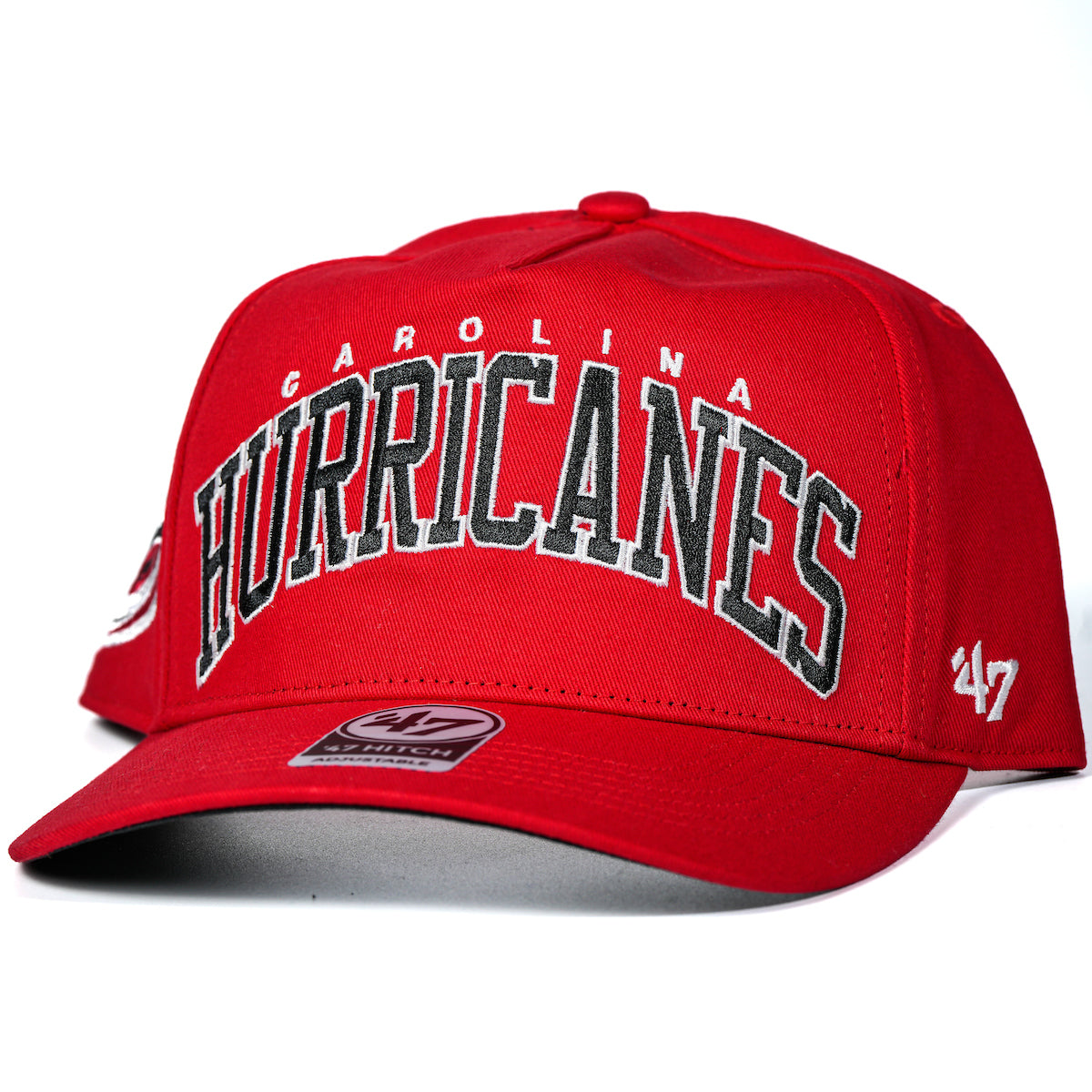 Red hitched hat with arched Carolina Hurricanes, primary logo on right side, 47 logo on left