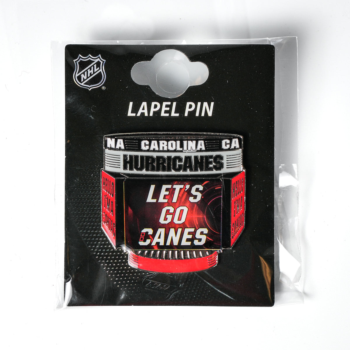 Pin designed like jumbotron that says Let's Go Canes