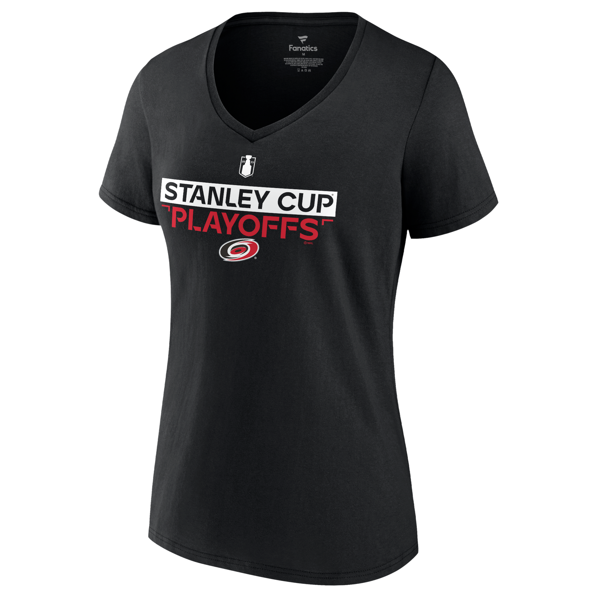 V-Neck tee that says Stanley Cup Playoffs in Red black white with Hurricanes logo