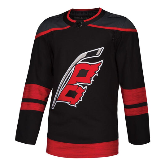 Front View: Black jersey with red stripes and Hurricanes flag logo.