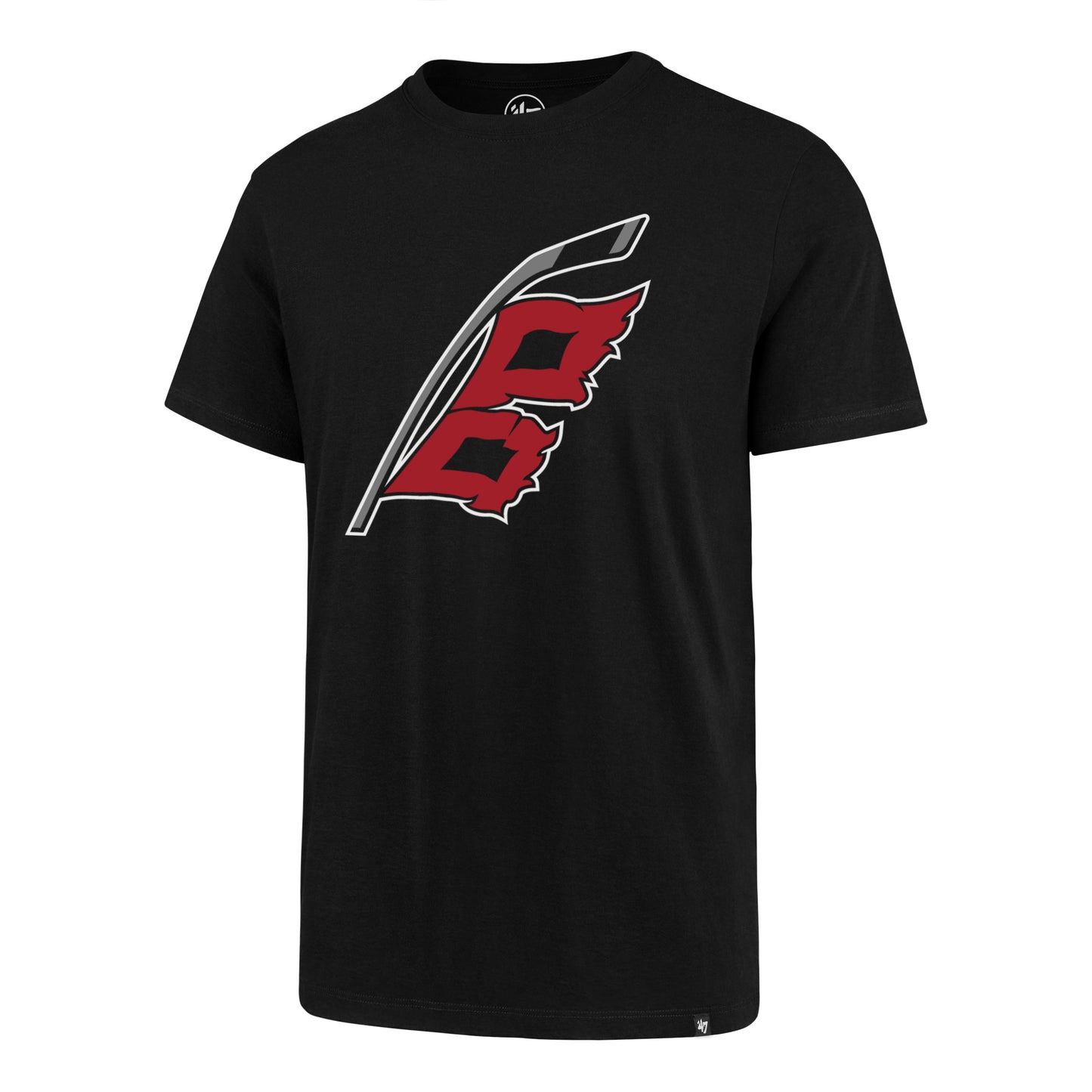 Front: Black tee with Hurricanes flag logo on chest and 47 tag logo on hem