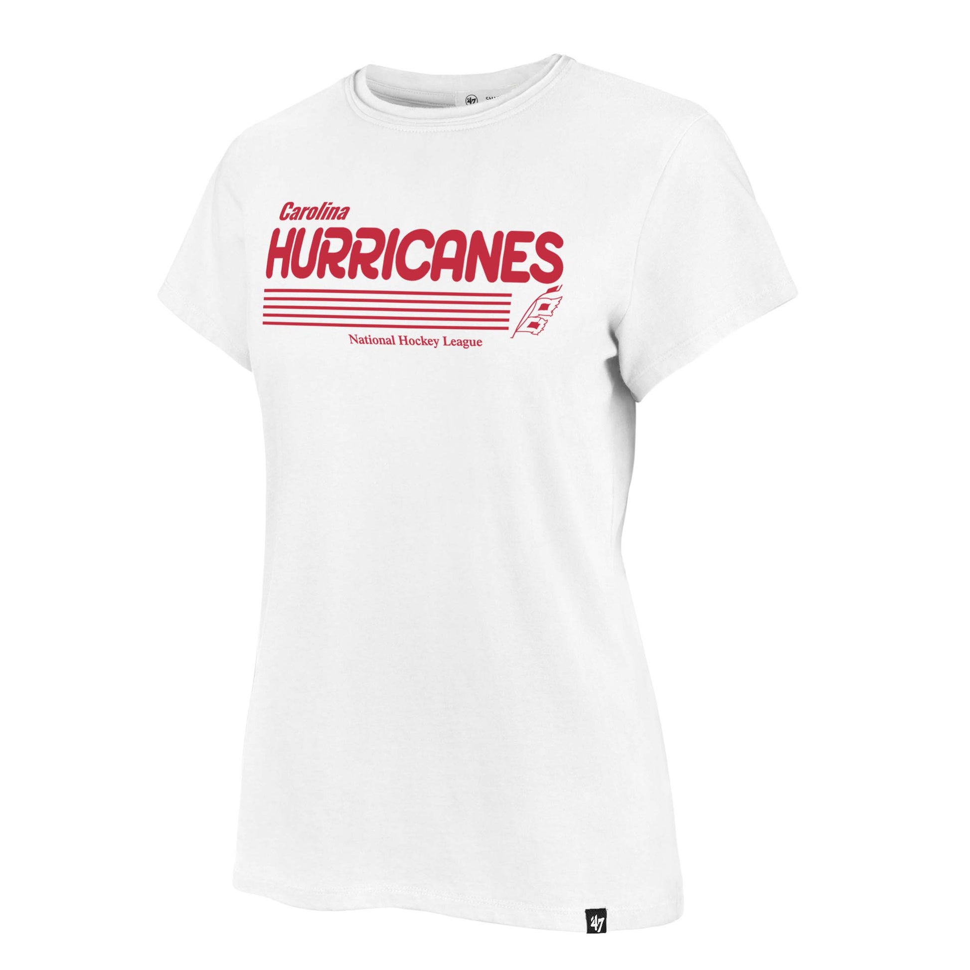 White tee with red graphic saying Carolina Hurricanes National Hockey League with flag logo