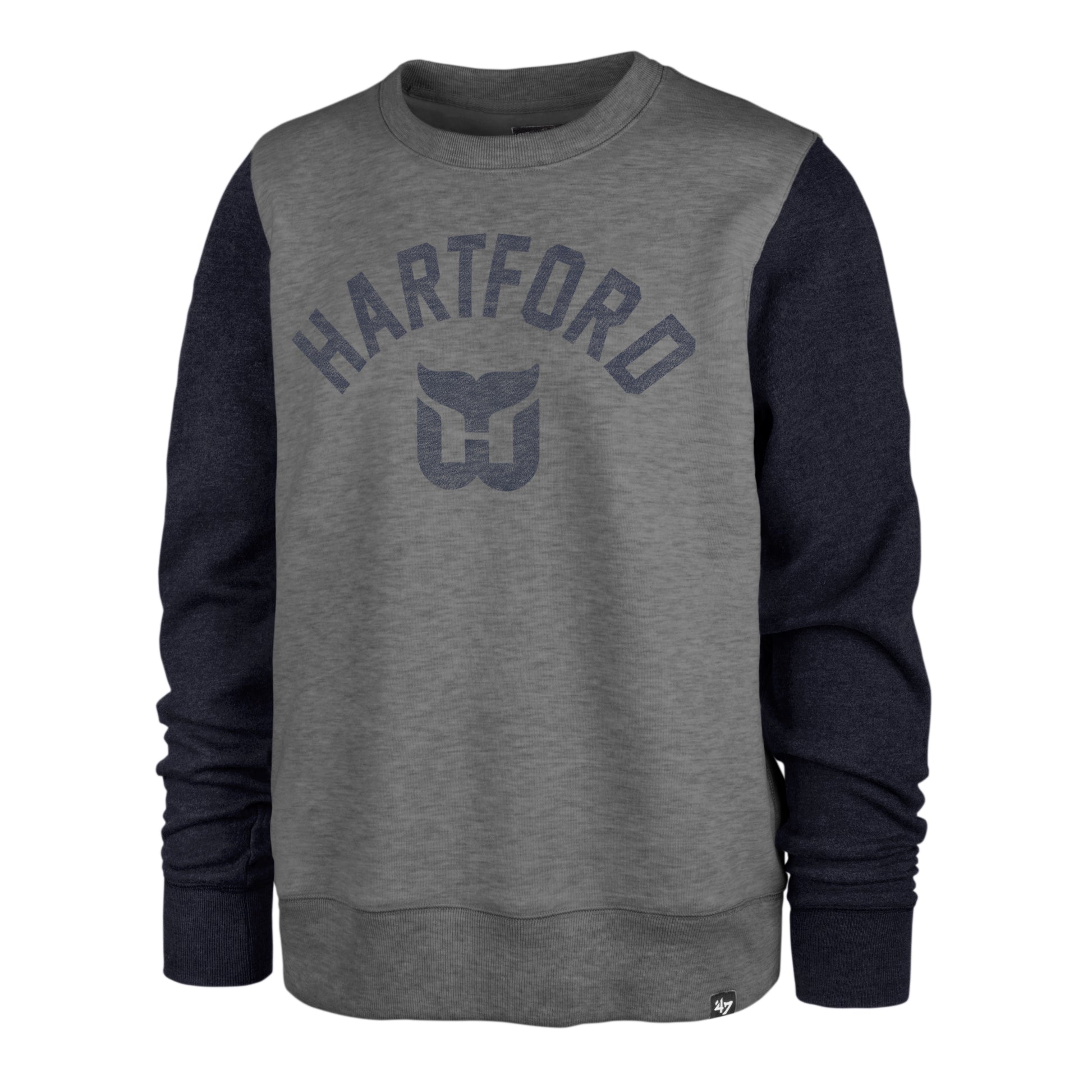 Dark gray crewneck with navy sleeves and Hartford with Whalers logo in navy on front