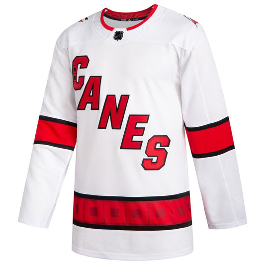 Front View: White jersey with Canes diagonal lettering logo and red/black stripes.