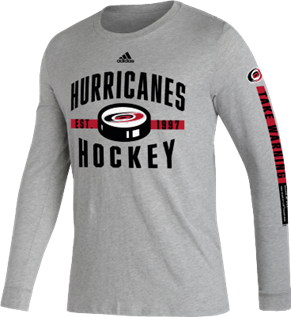 Front View: Grey long sleeve with Hurricanes Hockey graphic on front