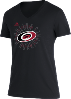 Front View: Black tee with Carolina Hurricanes graphic with primary logo.