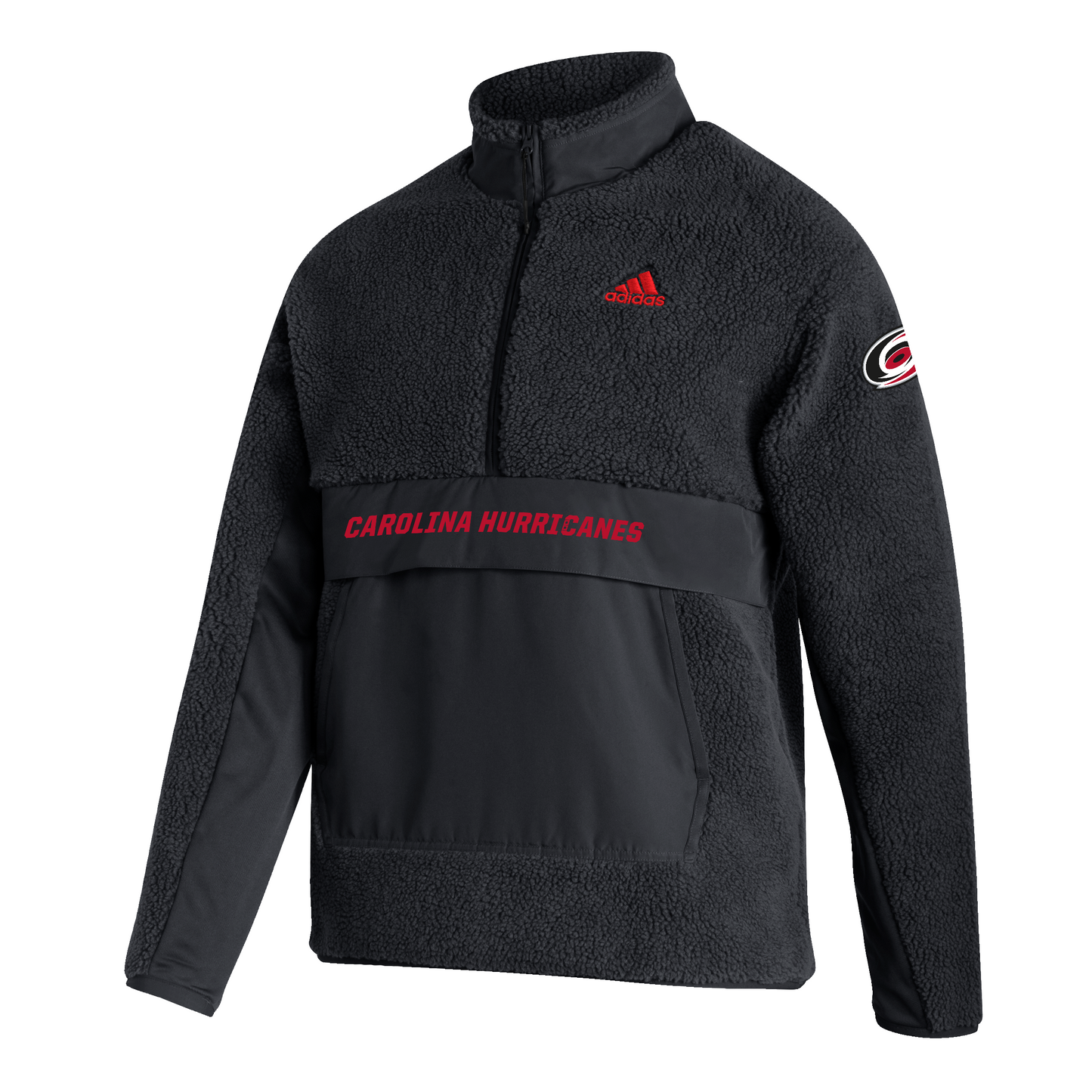 Front View: Black sherpa with Carolina Hurricanes text and red Adidas logo.