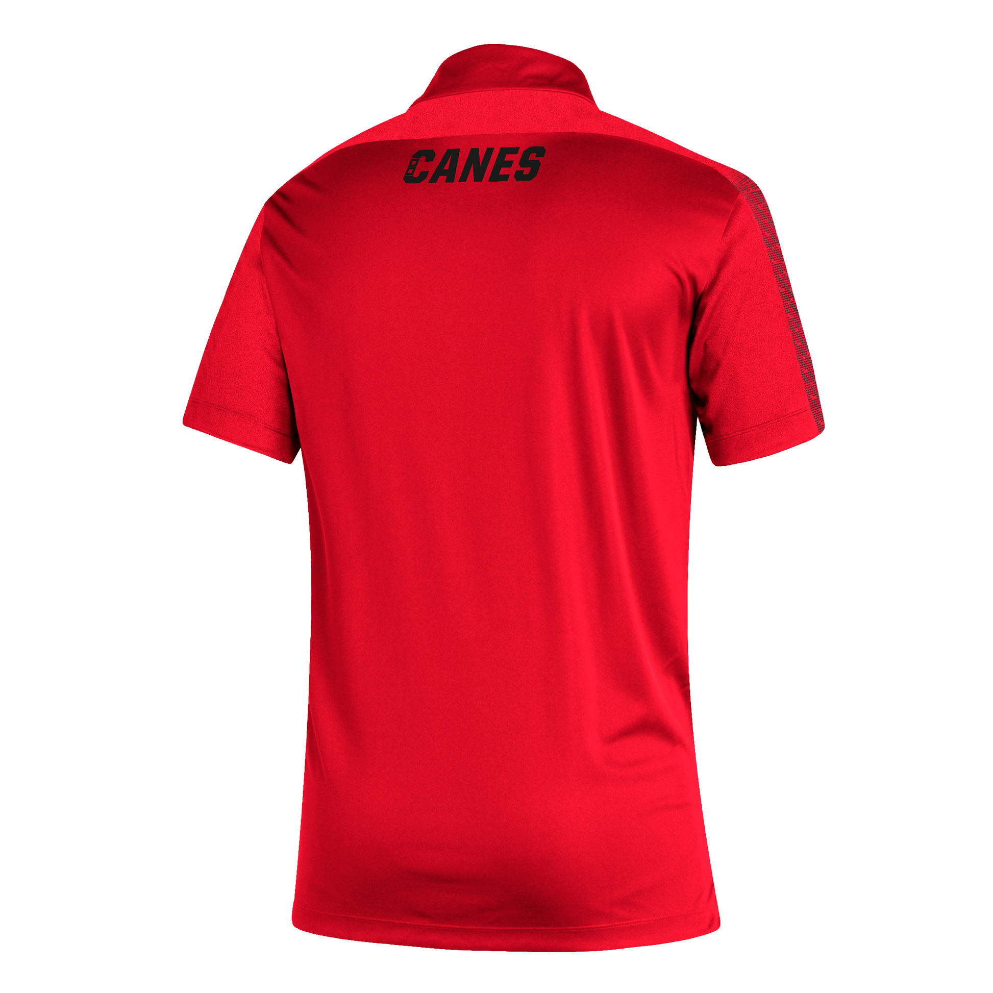 Back View: Red polo with CANES wordmark in black at neckline.