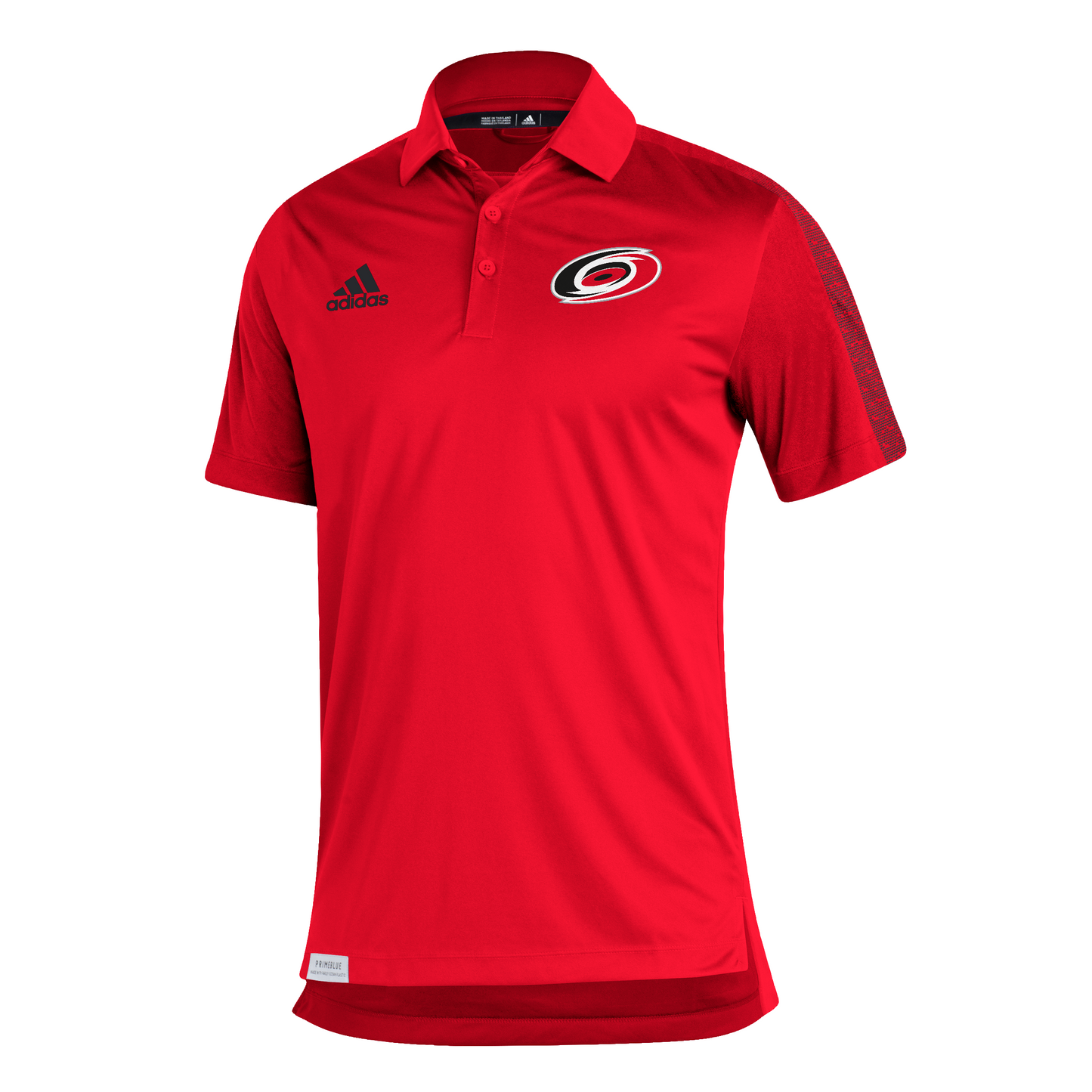 Front View: Red polo with Hurricanes primary logo and black Adidas logo on chest.