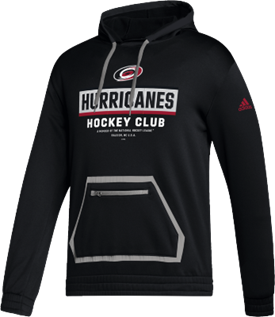 Front View: Black hoodie with Hurricanes Hockey Club text and front pockets.