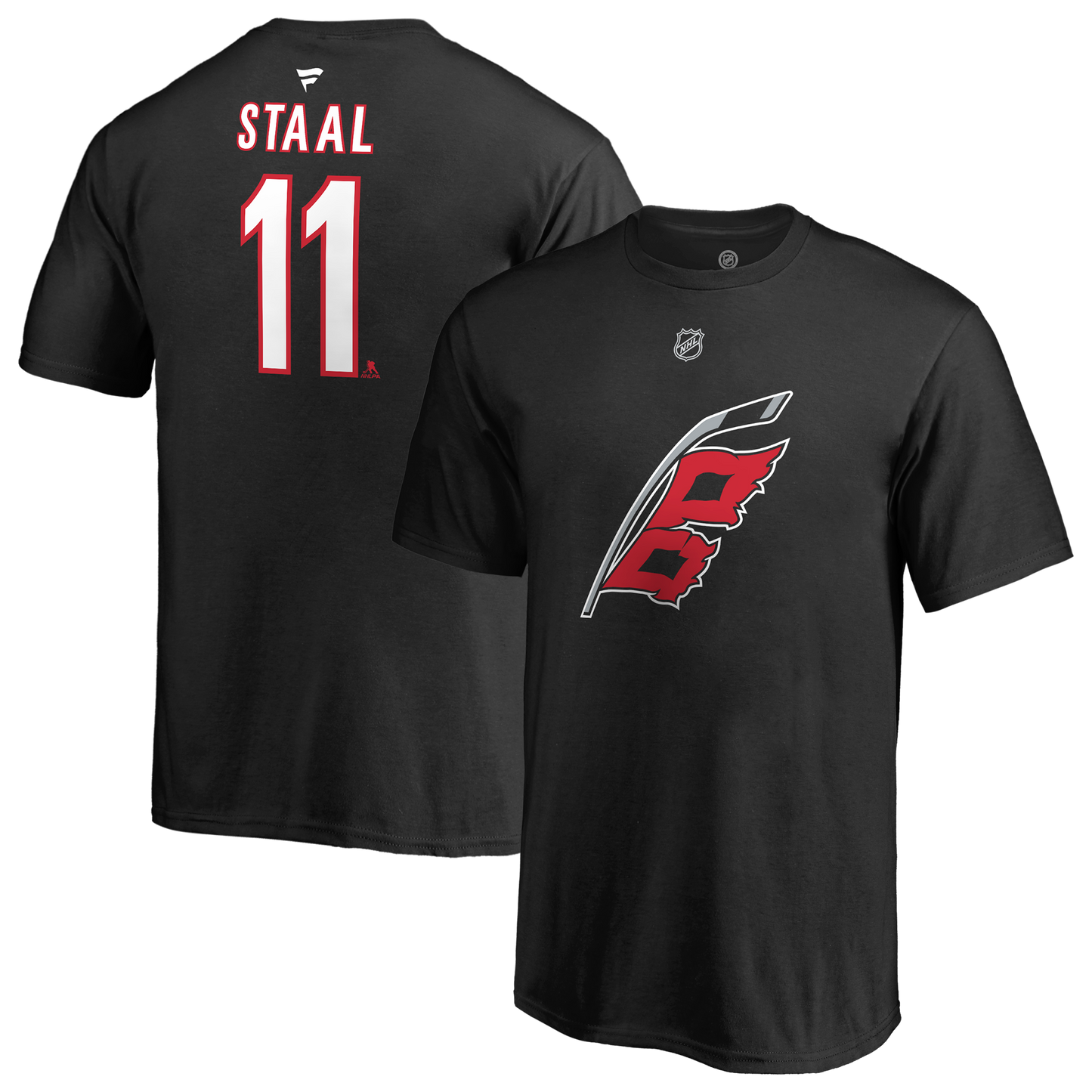 Black tee with Hurricanes flag logo on front, Staal #11 and Fanatics logo on back