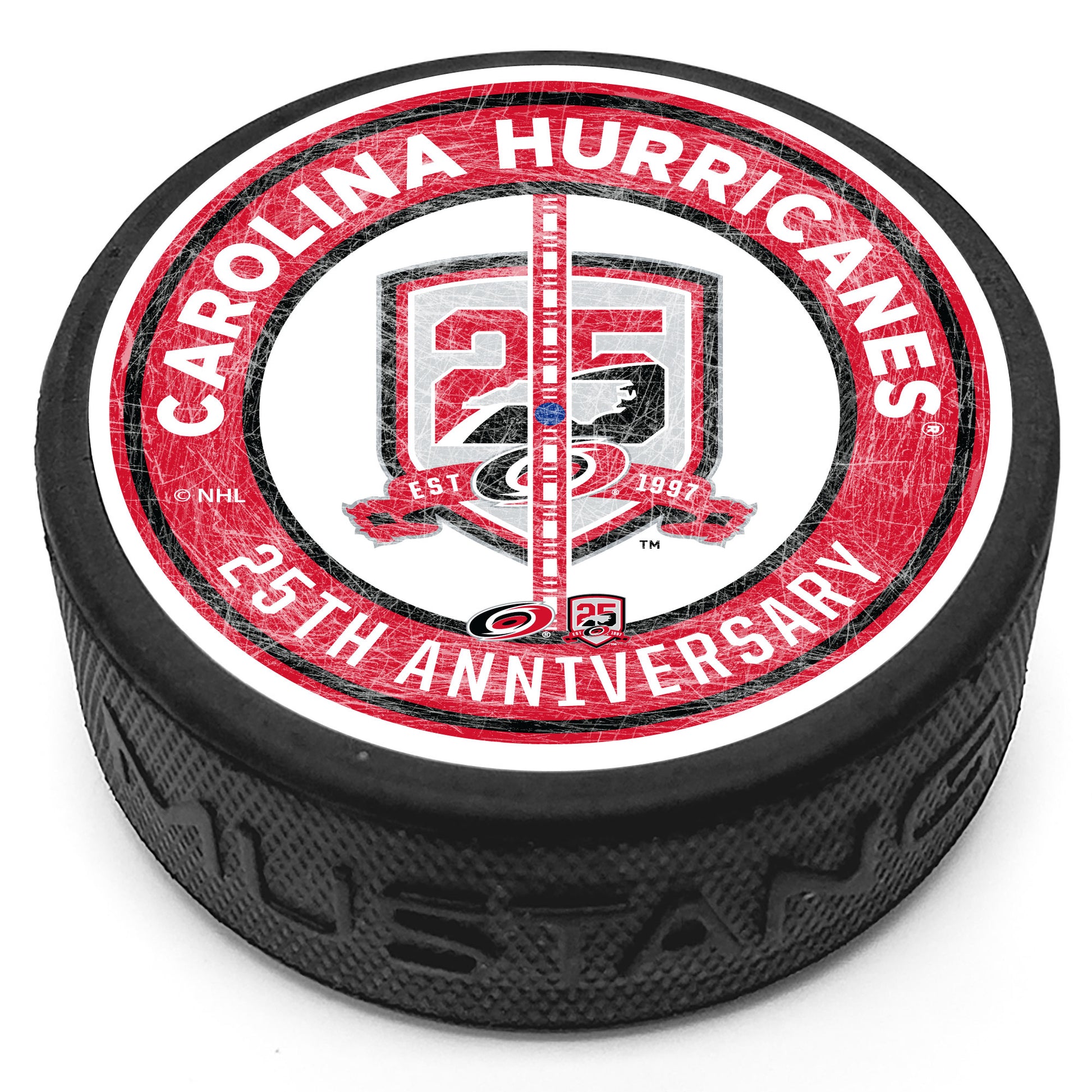 Hockey puck with the Hurricanes 25th Anniversary special center ice logo and center ice line and "Carolina Hurricanes 25th Anniversary" on the top face.