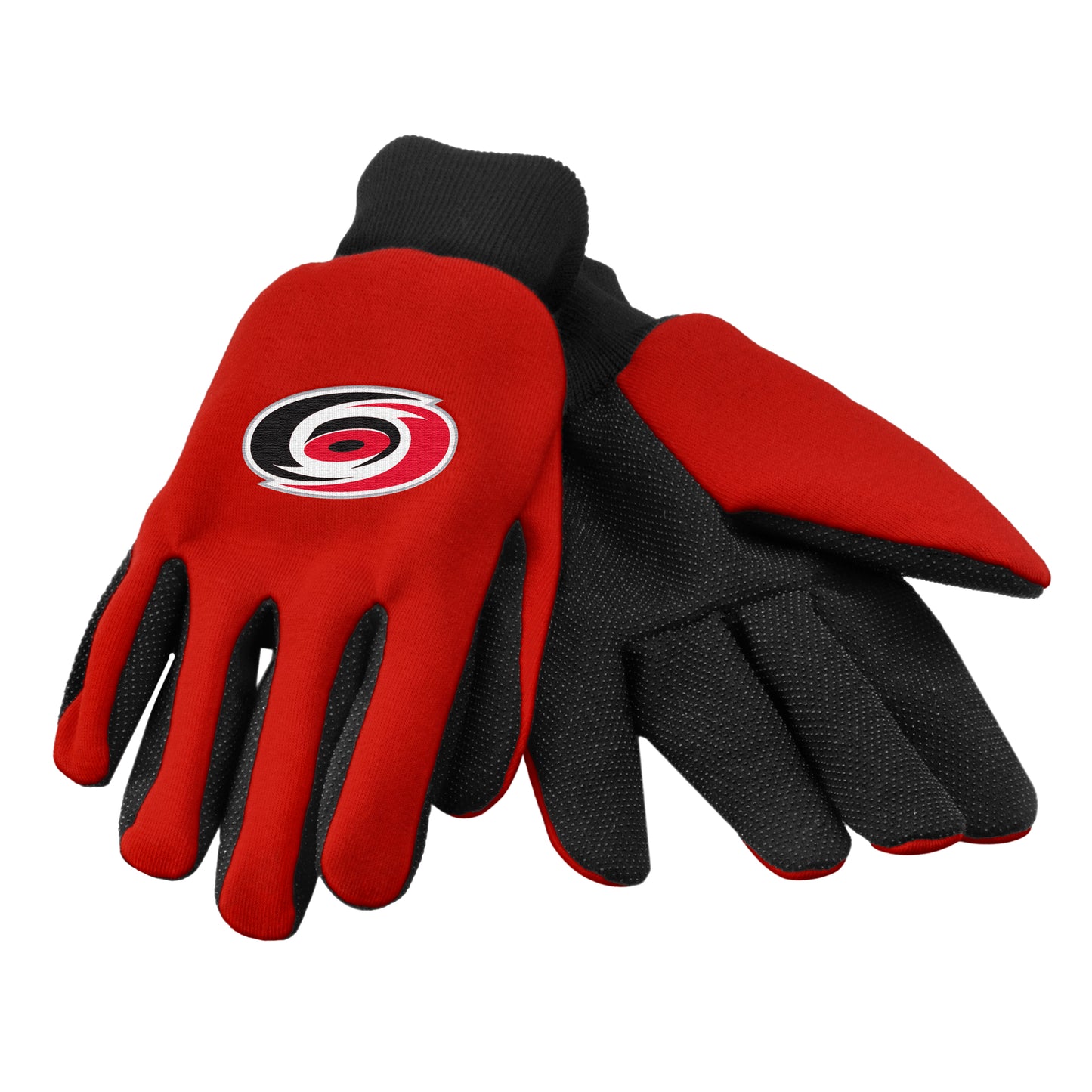 Red and black utility gloves with Hurricanes logo on back of hands