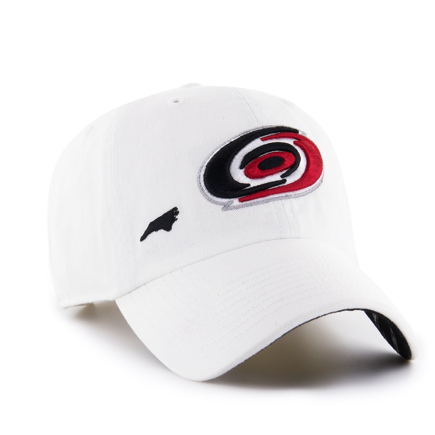 Front View: White 47 brand hat with the Hurricanes primary logo and a small black patch shaped like the state of North Carolina.
