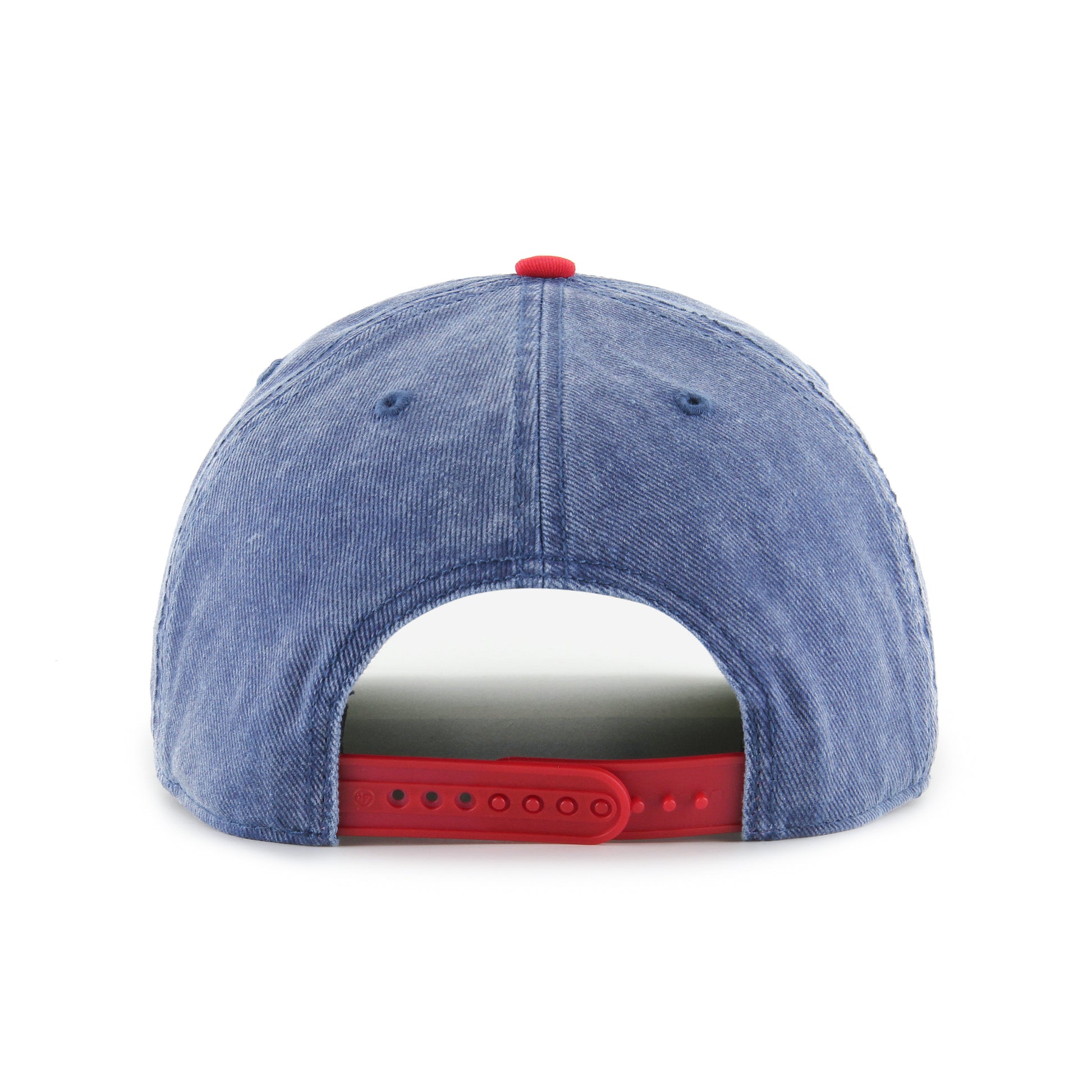 Back: Blue jean snapback with red plastic straps