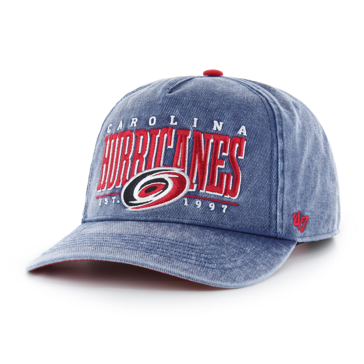 Front: Blue jean hat with red and white Carolina Hurricanes Est. 1997 graphic with Hurricanes logo 