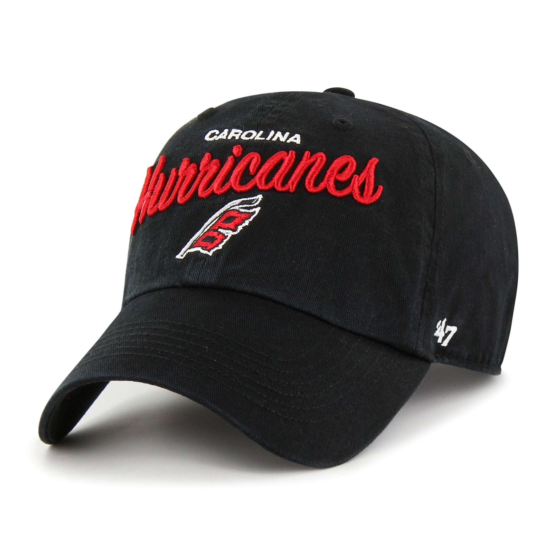 Front: Black hat with Carolina, Hurricanes in cursive with flag logo, 47 logo on side