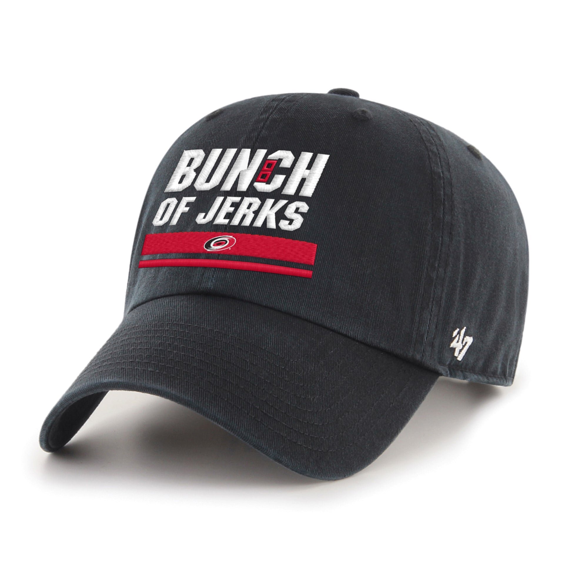 Black hat wiith Bunch of Jerks emblem on front and white 47 logo on side