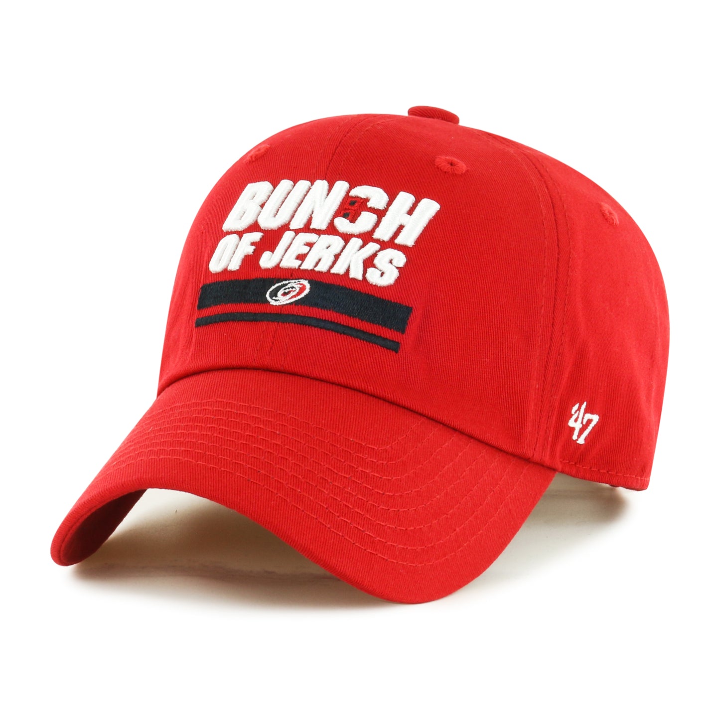 Red hat with Bunch of Jerks emblem on front and white 47 logo on side