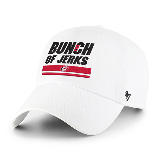 White hat with Bunch Of Jerks emblem on front and black 47 logo on side