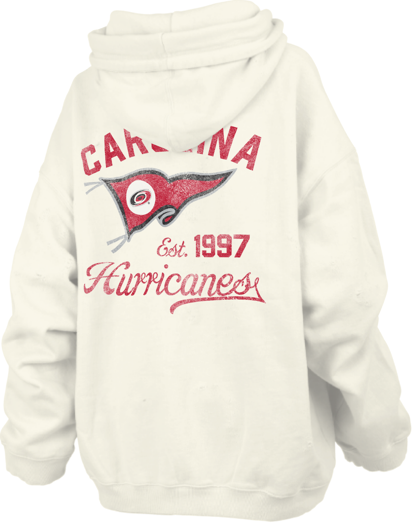 Back: Cream hoodie with Hurricanes pennant logo on back and Carolina Hurricanes Est. 1997 in red