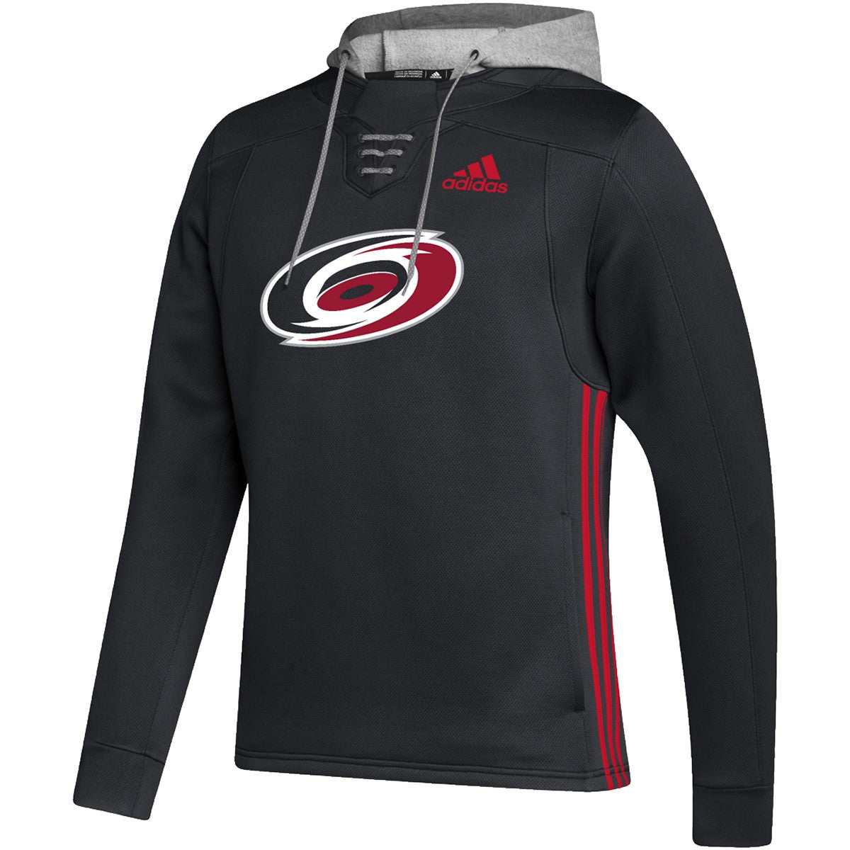 Front View: Black hoodie with grey hood and Hurricanes primary logo.