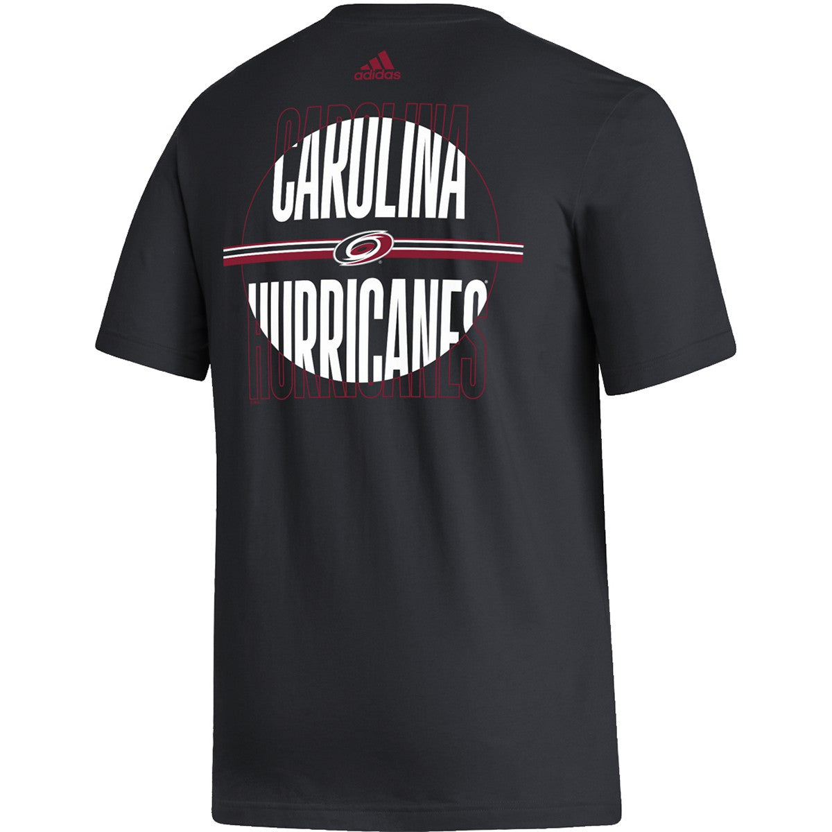 Back View: Black tee with Carolina Hurricanes graphic and red Adidas logo.