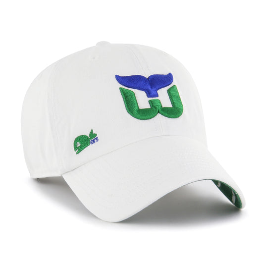 Front View: White 47 brand hat with the Whalers logo and a small Pucky logo.