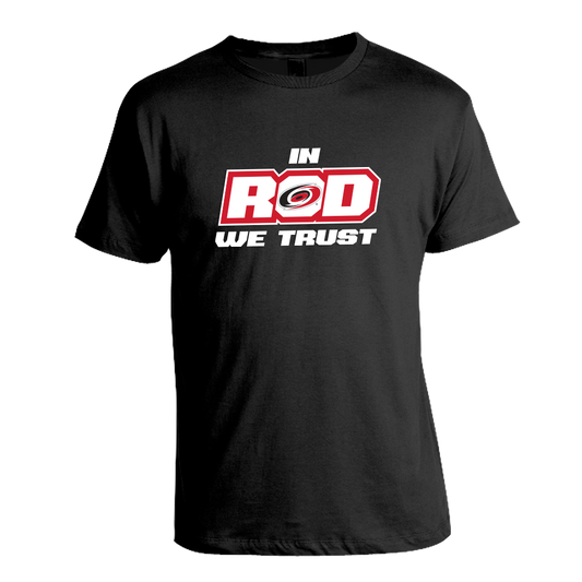 Front View: Black shirt with "In Rod We Trust" graphic with the Hurricanes primary logo in the middle.