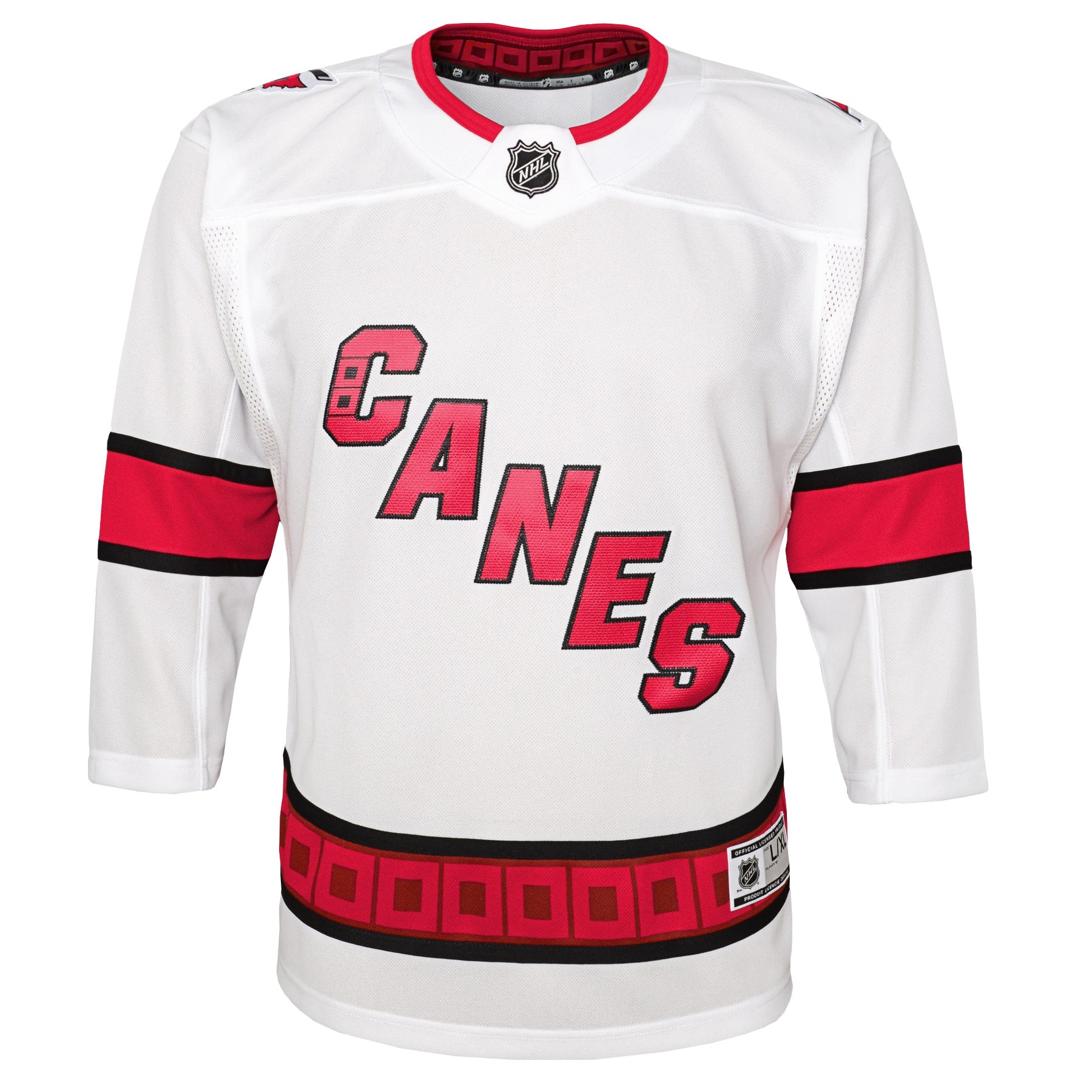 White jersey with Canes diagonal wordmark on front and warning flag striping at waist