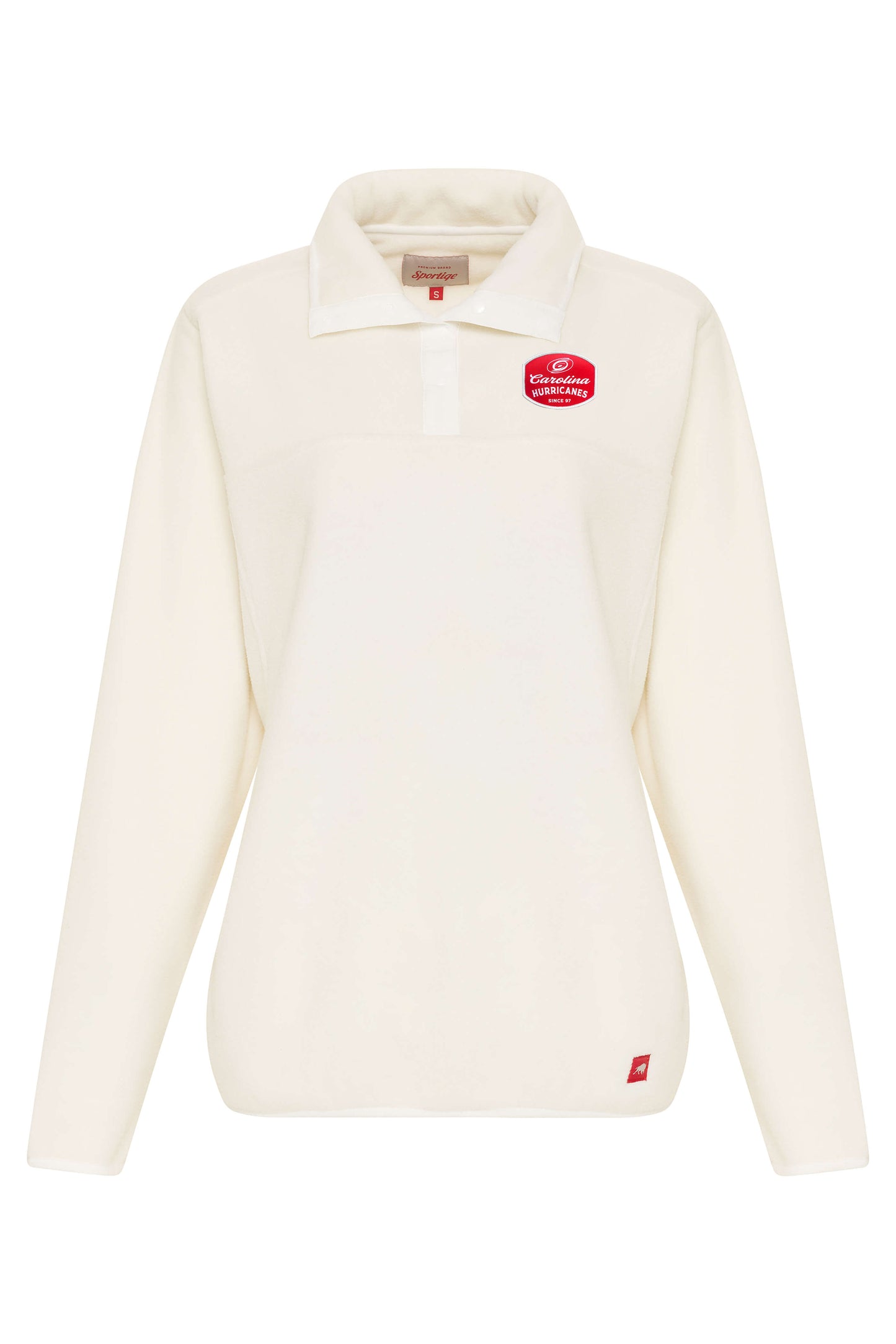 Cream white sweater with button-up collared neck and red Hurricanes graphic patch.