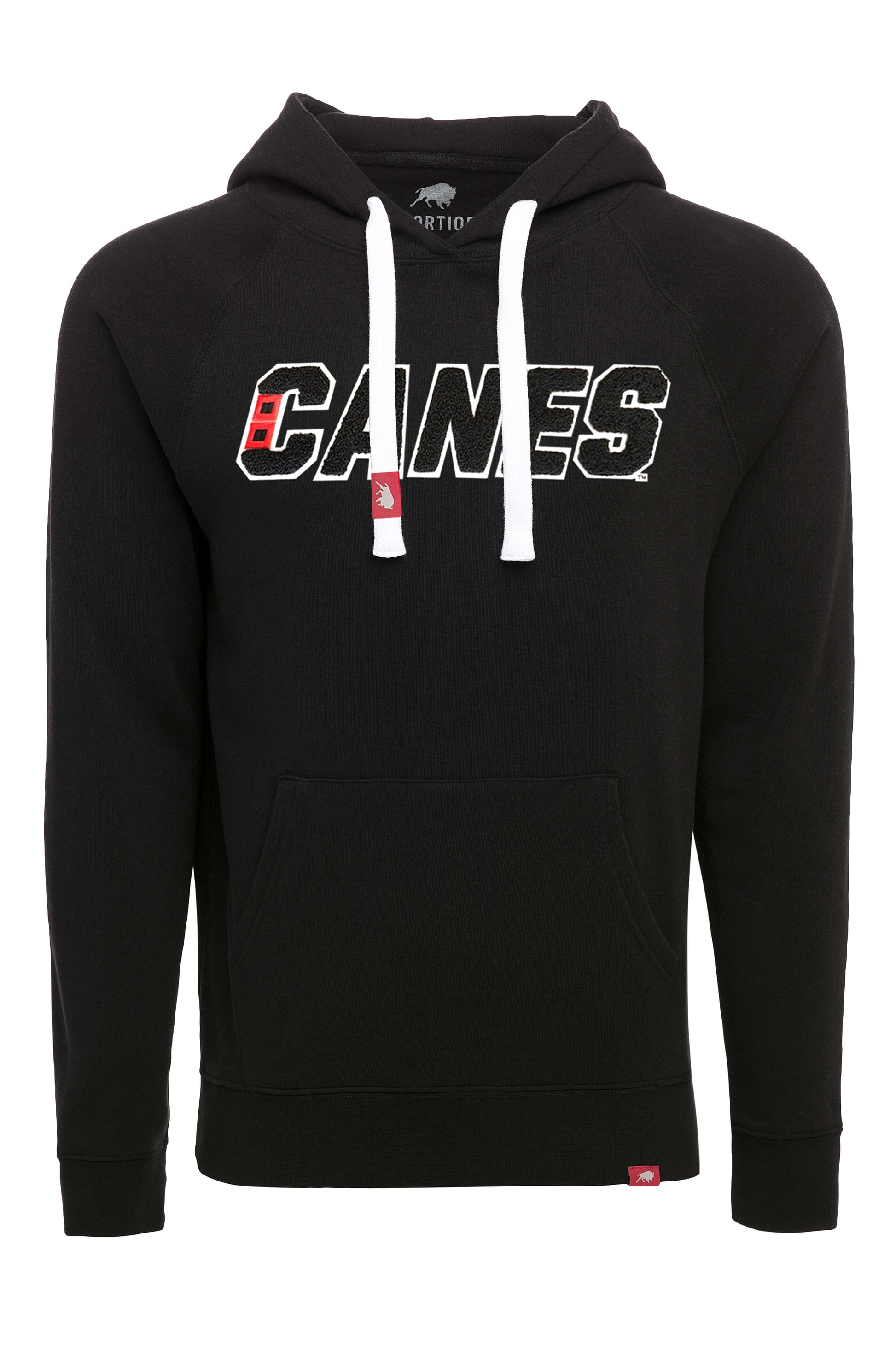 Front View: Black hoodie with CANES wordmark on front with white hood strings.