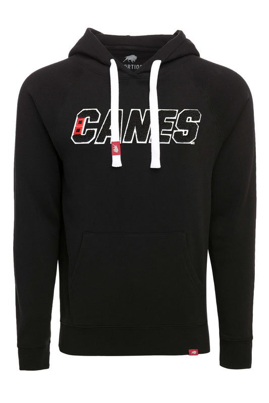 Front View: Black hoodie with CANES wordmark on front with white hood strings.