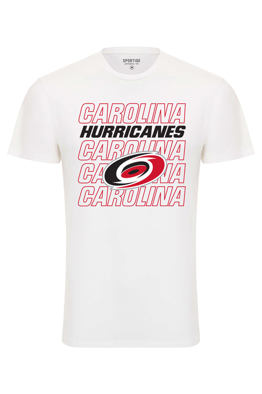 White tee with Carolina Hurricanes text design and Hurricanes primary logo on top.