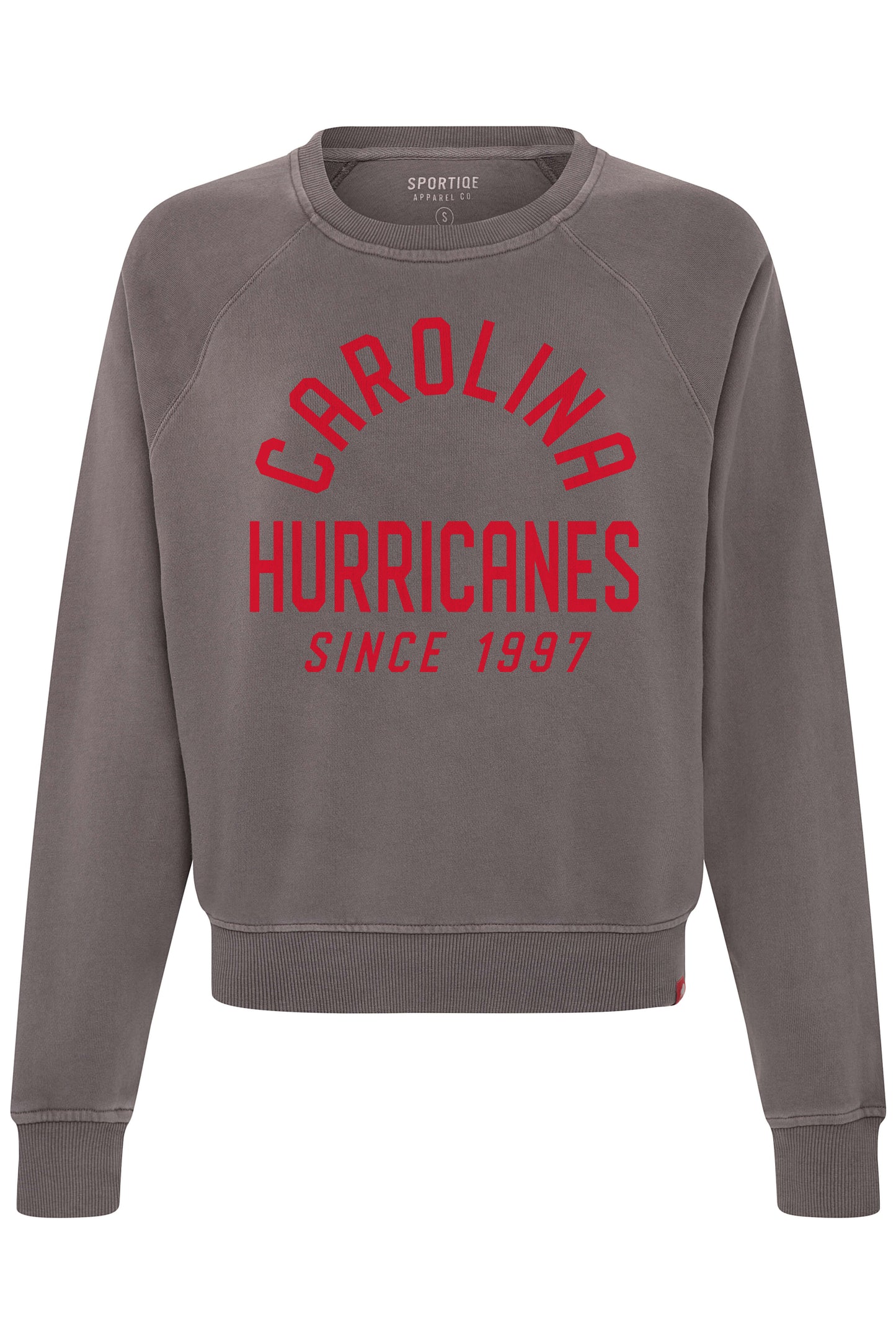 Grey crewneck with Carolina Hurricanes Since 1997 written in red on front.