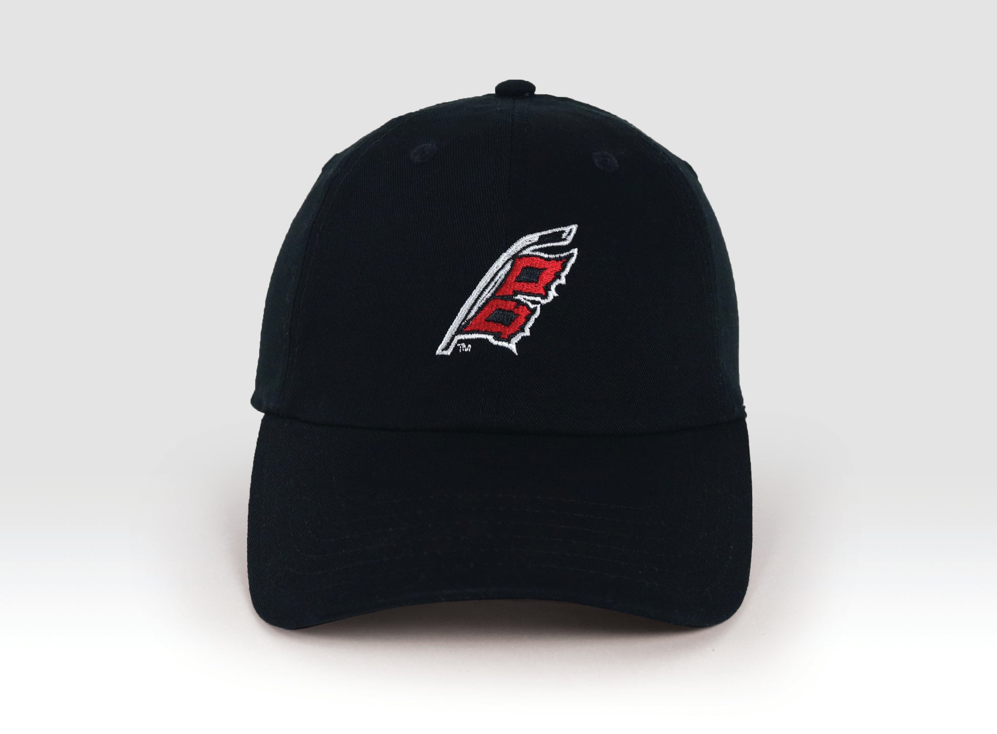 Front View: Black hat with Hurricanes flag logo on front