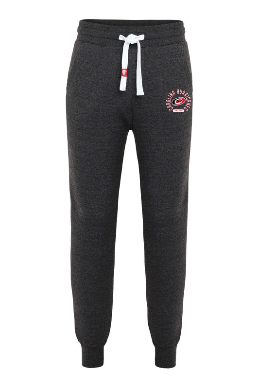 Grey sweatpants with cuffed bottoms and Hurricanes circular design on left pant.
