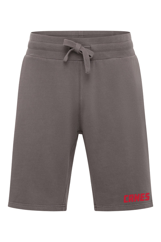 Grey board shorts with strings at waist and CANES in red on left leg.