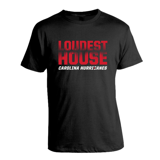 Front View: Black Tee with the words "Loudest House" in red and the Hurricanes wordmark in white.