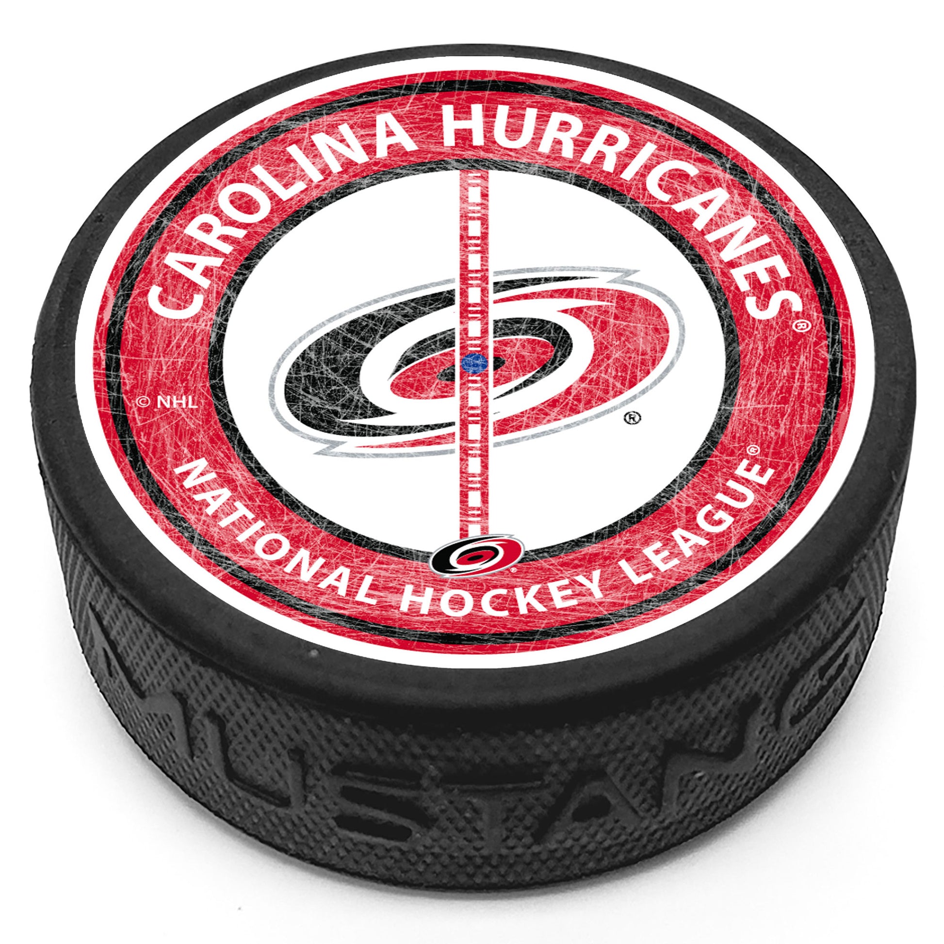 Hockey puck with the Hurricanes center ice logo and center ice line with "Carolina Hurricanes" and "National Hockey League" on the top face.